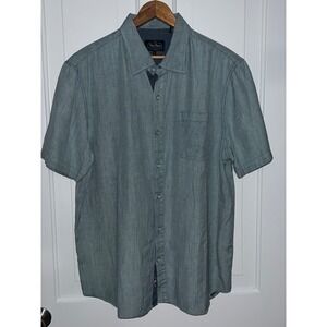 Nat Nast Mens Short Sleeve Button Up Shirt Size Large Blue Cotton Linen Silk
